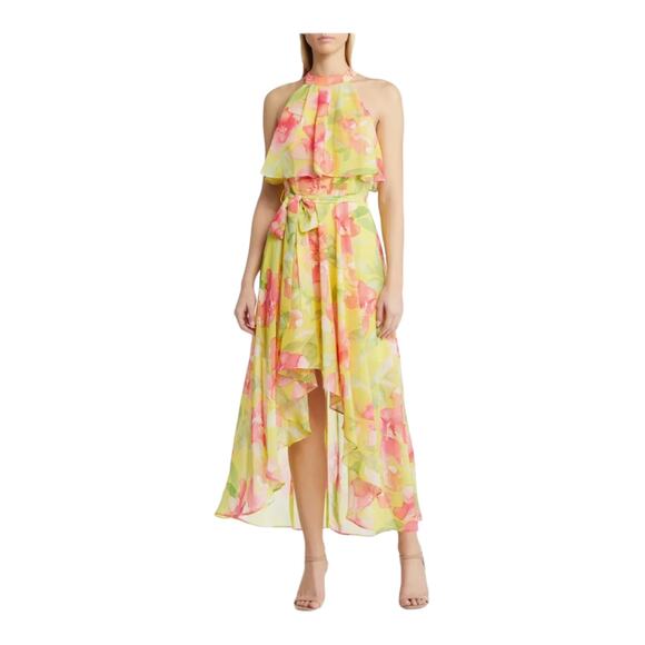 Eliza J Dress Floral Halter Neck high low yellow size 4 - Picture 1 of 10